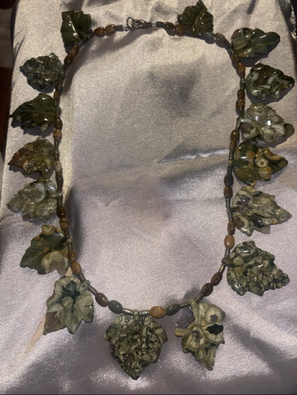 Picture Jasper Handcrafted Green Leaf Stone Necklace - Natural Tones